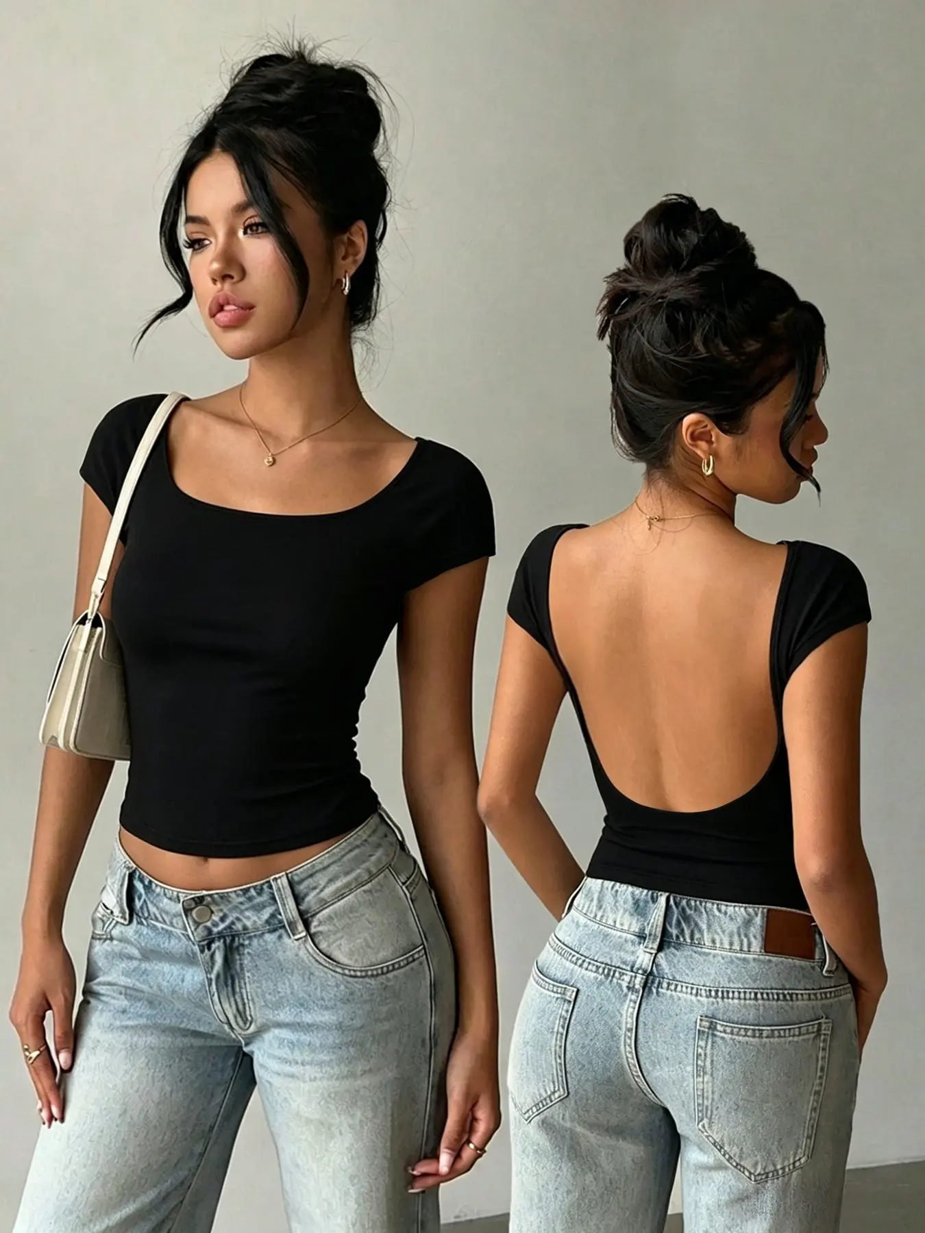 Women's Round Neck Backless Slim Fit Top, Street Style Casual Streetwear Cool Fashion, Soft Skin-Friendly Fabric, Ideal for Daily Wear or Sports