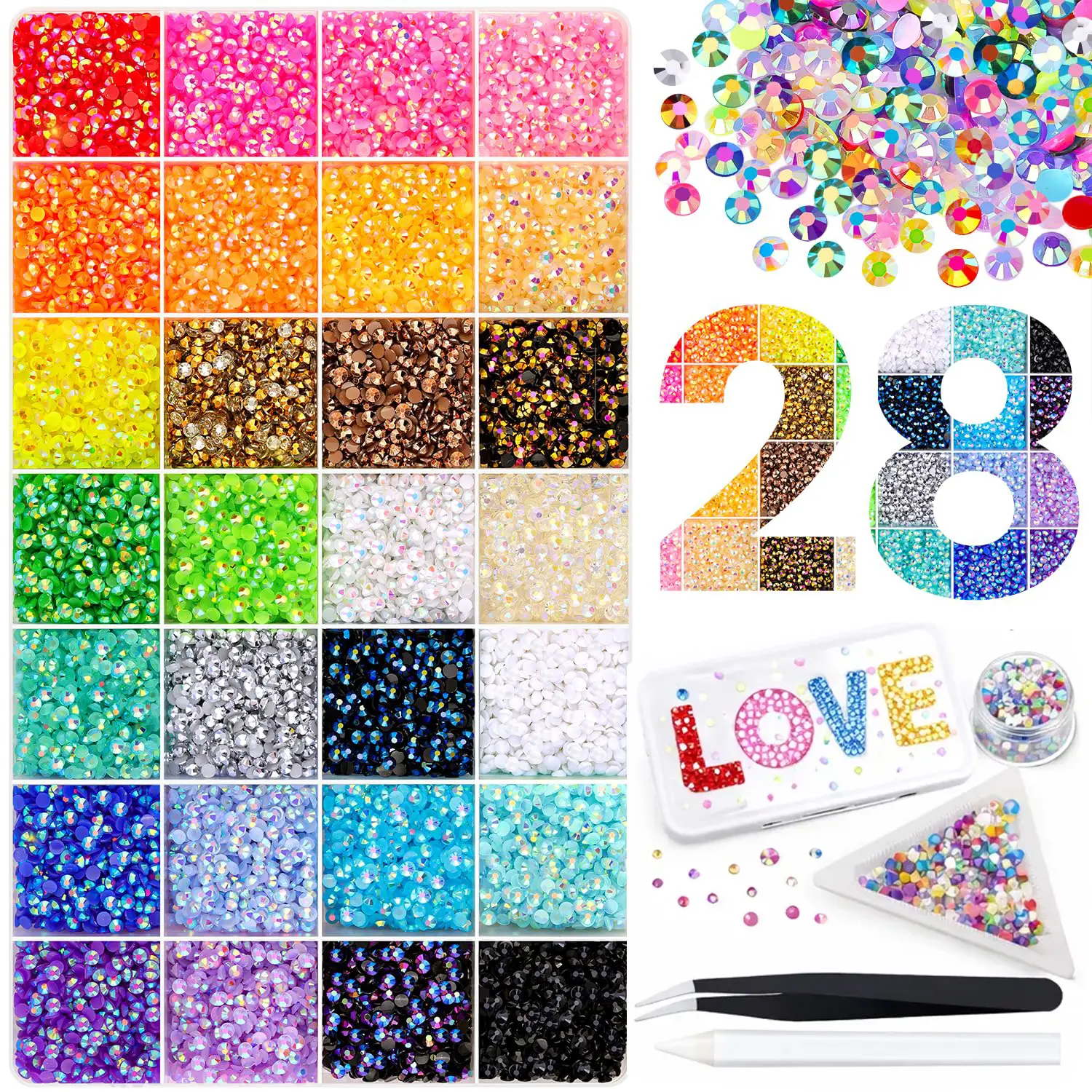 32000Pcs 28Colors Resin Rhinestones 3mm Flatback Crystal Rhinestones with Tweezers for Nail Art, Crafts, Makeup, Bedazzling DIY Projects