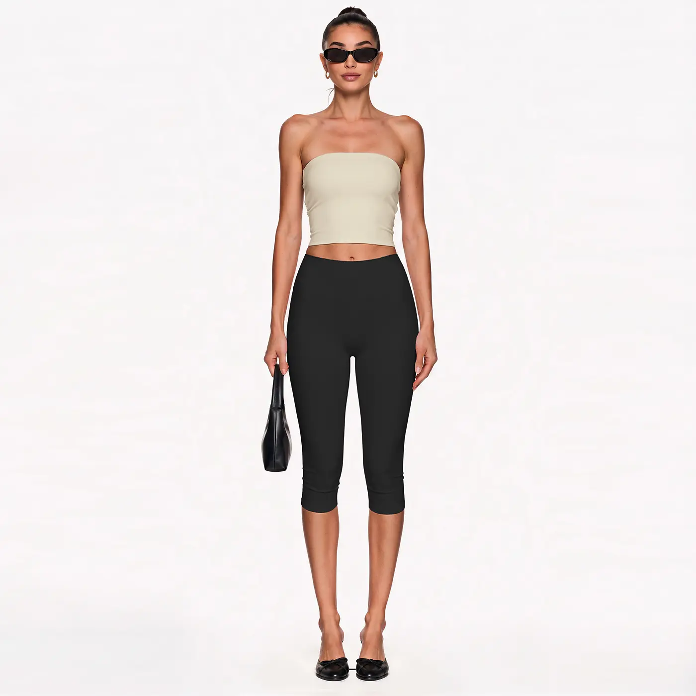 Dr. PEAR premium clean aesthetic separates—short strappy tank top and stretchy capri pants; versatile everyday basic pieces