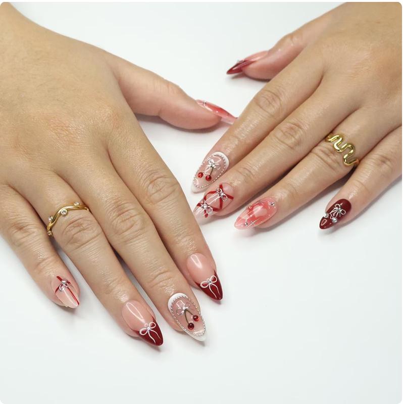 Press On Nails Cherry Charm with Silver Bows | 3D Pearl & Heart Nail Art in Medium Almond | Handmade Elegant Nail Art for Holiday, Birthday