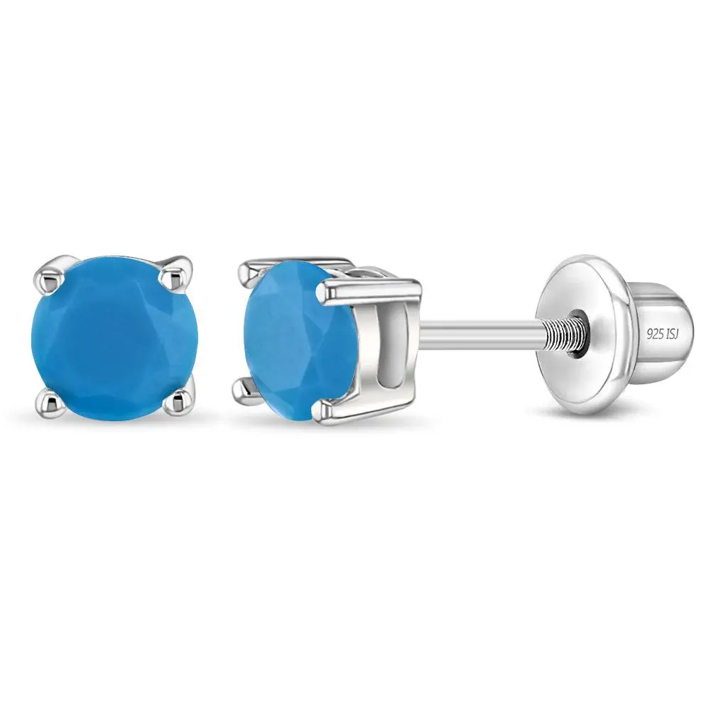 Turquoise CZ Toddler / Kids / Girls Earrings Screw Back - Sterling Silver