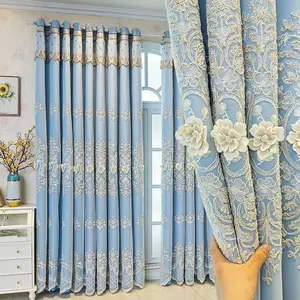 European Custom Double Layer Thick Embossed Pearl Lace Curtains, Window Curtain, Full Light Blocking High-End Curtain Set for Living Room Bedroom
