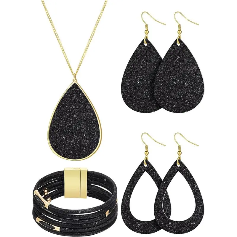 4 Pieces Women's Glitter Jewelry Set Bridal Wedding Multi-Layer Bracelet Faux Leather Dangle Earrings Necklace