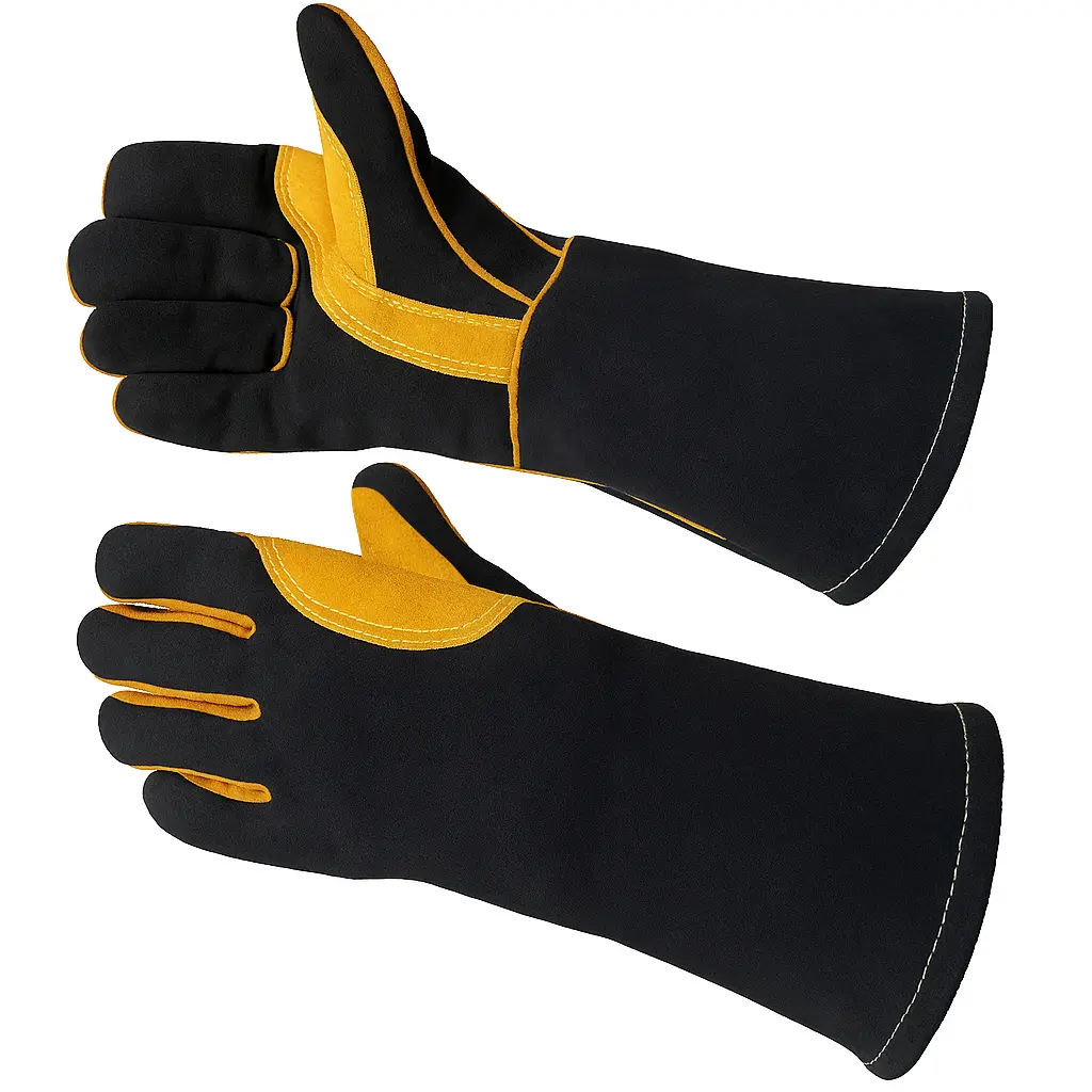 13.8" Heat Resistant Welding Gloves, 932°F Fireproof Cowhide Leather with Kevlar Stitching, Durable Reinforced Design for Arc-TIG-MIG Welding & Outdoor Work, 1-Size-Fits-Most, Smooth Texture, Hard Hat Storage Compatible