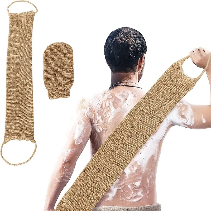Hemp Back Scrubber Bath Towel Jute Exfoliating Loofah Back Strap with Gloves for Shower Body Cleaning Kit for Bath Supplies Exfoliating Bath Tool Body Wash Scrubber Bath Accessories