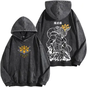 Dark Fantasy Anime Washed Hoodie, Double-Sided Manga Graphic Tee, Oversized Y2K Gothic Streetwear Shirt, Heavy Cotton Otaku Apparel