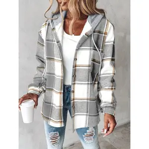 [Plaid Shacket] Warm Plaid Long Sleeve Shacket - Button Fleece Lined Hooded Jackets Coat Fabric Womenswear