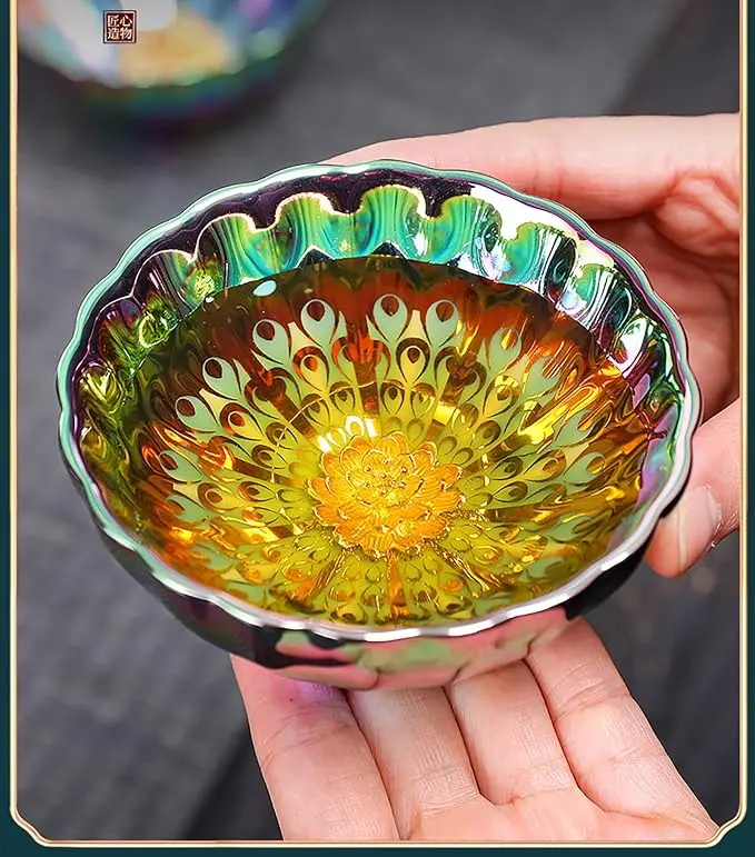 Golden Tenmoku Tea Cup with Lotus – 5oz Jianzhan Ceramic Teacup, Colorful Chinese Cha Wan Bowl for Master Cup, Gifts, Collection & Art Décor royal teacup