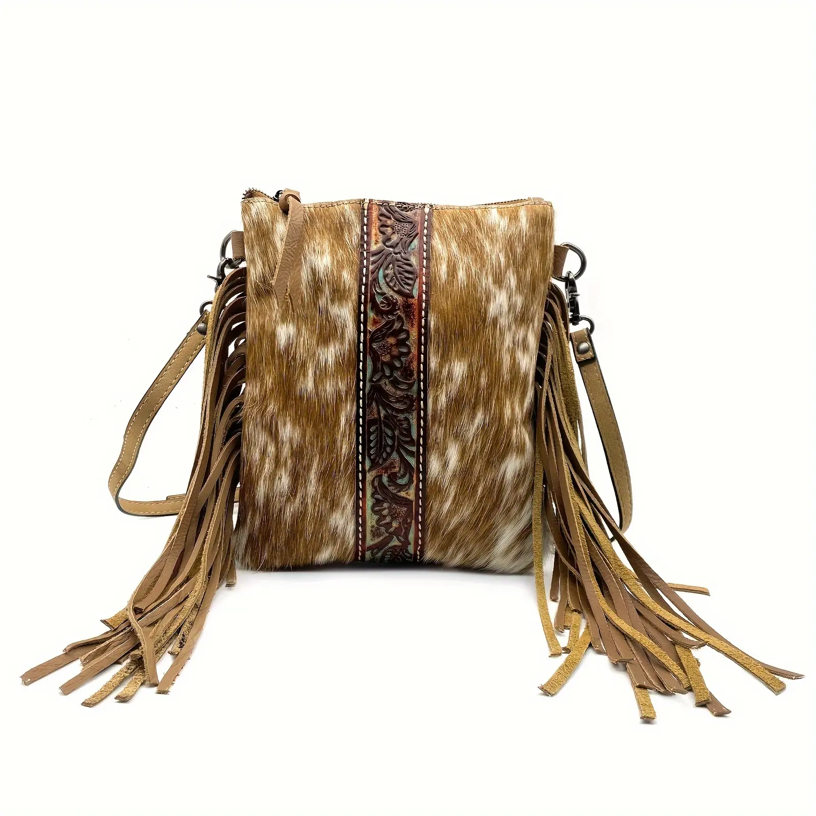 Western Floral Embossed Tassels Hair On Hide Shoulder Bag For Men Vintage Full Grain Leather Fringe Clutch Purse Messenger Bag Cowboy Phone Bag