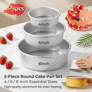 Aluminum 3-Piece Round Cake Pan Set, 4/6/8 Inch Essential Sizes, High-Quality Aluminum for Even Heating, Durable & Perfect for Baking