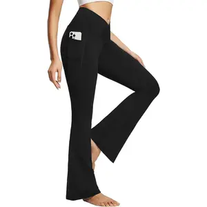 baleaf Petite-Fit Women's High-Waisted Knit Flared Pants-Crossover Waistband, Pockets, Breathable & Moisture-Wicking-Ideal for Yoga, Fitness, and Casual Wear [PC:dbh095]