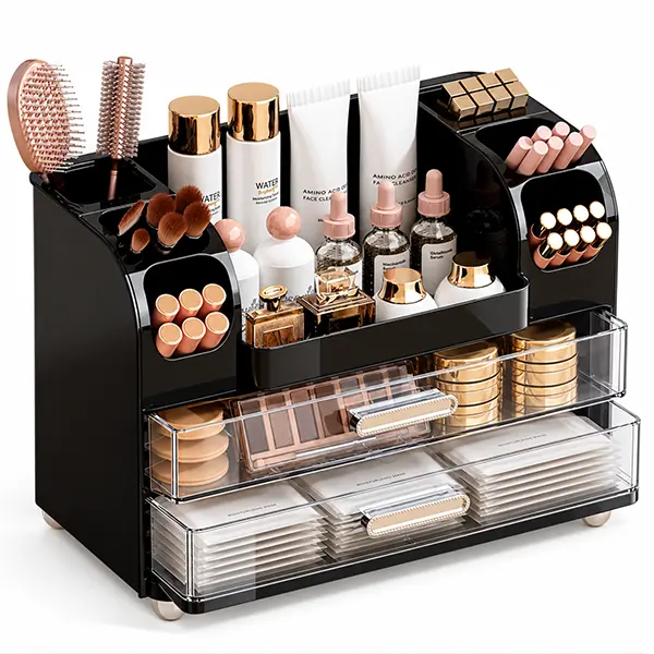 ABS Plastic Pink Vanity Makeup Organizer - Dustproof Beauty Case with 2 Large Press-Handle Drawers, Brush Holders, Wipe-Clean Storage Organization for Vanity/Bath/Desk Skincare & Makeup Accessories