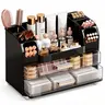 ABS Plastic Pink Vanity Makeup Organizer - Dustproof Beauty Case with 2 Large Press-Handle Drawers, Brush Holders, Wipe-Clean Storage Organization for Vanity/Bath/Desk Skincare & Makeup Accessories