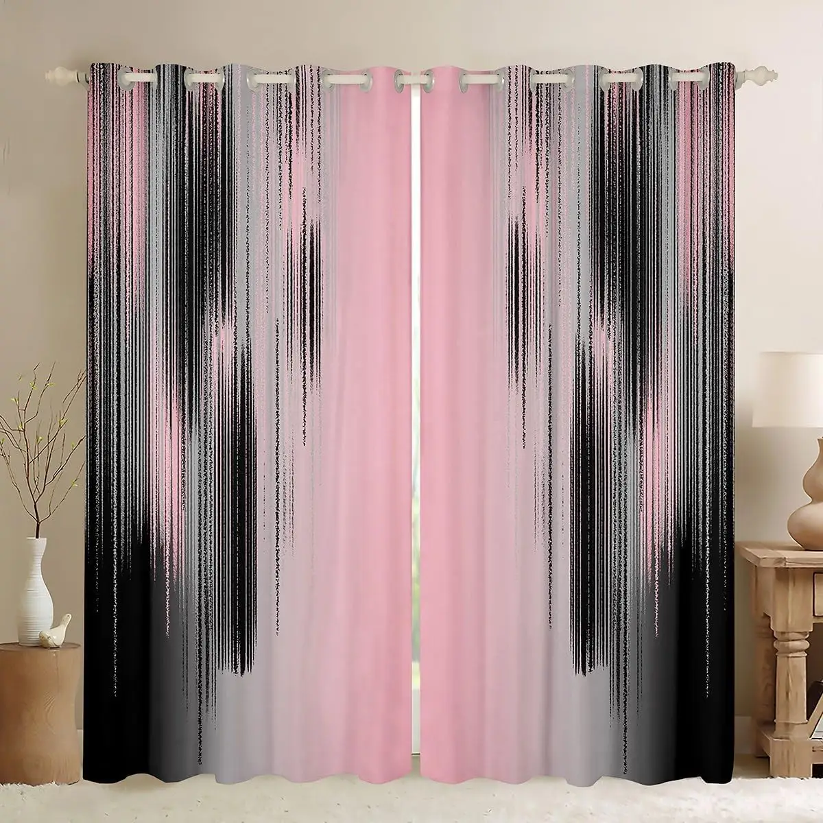 Pink and Black Curtains for Bedroom(2 Panels) Modern Art 30%-50% Blackout Curtains,Messy Rust Darkening Drapes Gradient Stryle Window Treatments