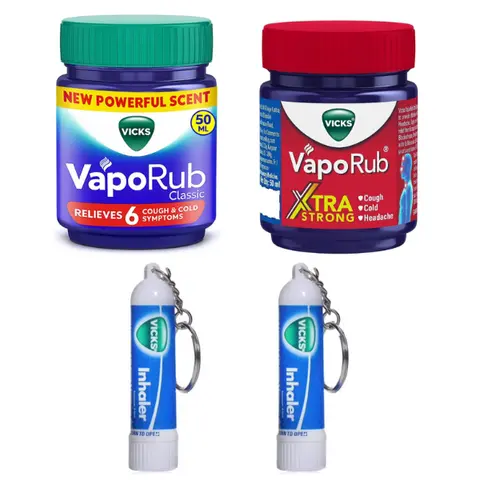 Vicks Complete Bundle Cold, Cough, Headache, Body Ache 6 Relieves VapoRub Xtra Strong 1.76oz/50ml Vaporub Regular 1.76oz/50ml and 2 Inhalers 0.02oz/0.5ml Aller-Flo Fluticasone Ultra Fine Powerful Sore