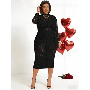 Plus Size Fitted High Waist Dress, Hollow Out Design, Holiday Wear, Christmas Party, Sexy Semi-Transparent, All Seasons Fashion