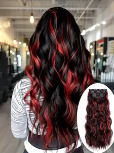 Women's Clip-On Synthetic Hair Extensions, Mixed High Gloss Color, Long Wavy Thick Patch, 20 Inches for Women, Clip On Hairpieces