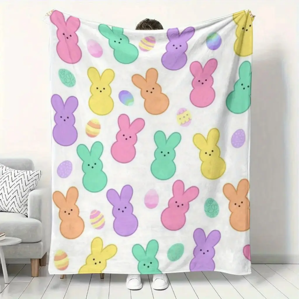 JIT Easter Peep Bunny Animal Flannel Blanket - 2D Single Print, Soft Breathable, Festive Holiday Home Decor Couch Throw, Valentine Gift for Adults Couple