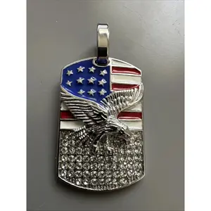 U.S.A America Flag Pendant Cubic Zirconia Stainless Steel 24” Chain Eagle DogTag