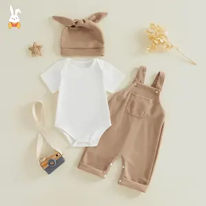 Newborn Baby Boy Clothes Summer Outfit Solid Color Short Sleeve Romper Waffle Suspender Shorts Overall Set 3pcs