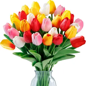 15 Pcs Fake Tulips Artificial Flowers Real Touch PU Faux Flowers Tulip Stems for Wedding Spring Bouquet Floral Arrangement Home Party Office Decorations for Mother's Day (Multi Colors)