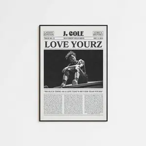 J. Cole Retro Newspaper Print Love Yourz No Frame Album Cover Posters Lyric Print Music Posters Pop Culture Artistic Decor Satin Photo Finish Decoration