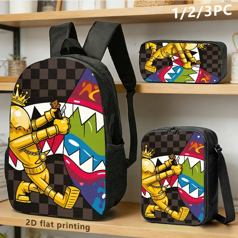 1pc/2pcs/3pcs Backpack, Crossbody, Pouch with 2D Flat Print of Golden Warrior in Dynamic Pose, Bold Geometric Colors, Trendy Urban Style for Commuters/Travelers/Outdoor Use