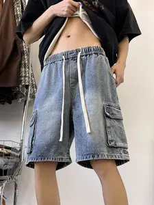 Men's Summer Washed Side Pocket Drawstring Denim Shorts, Casual Loose-Fitting Jeans, Stylish American High Street Five-Pocket Pants