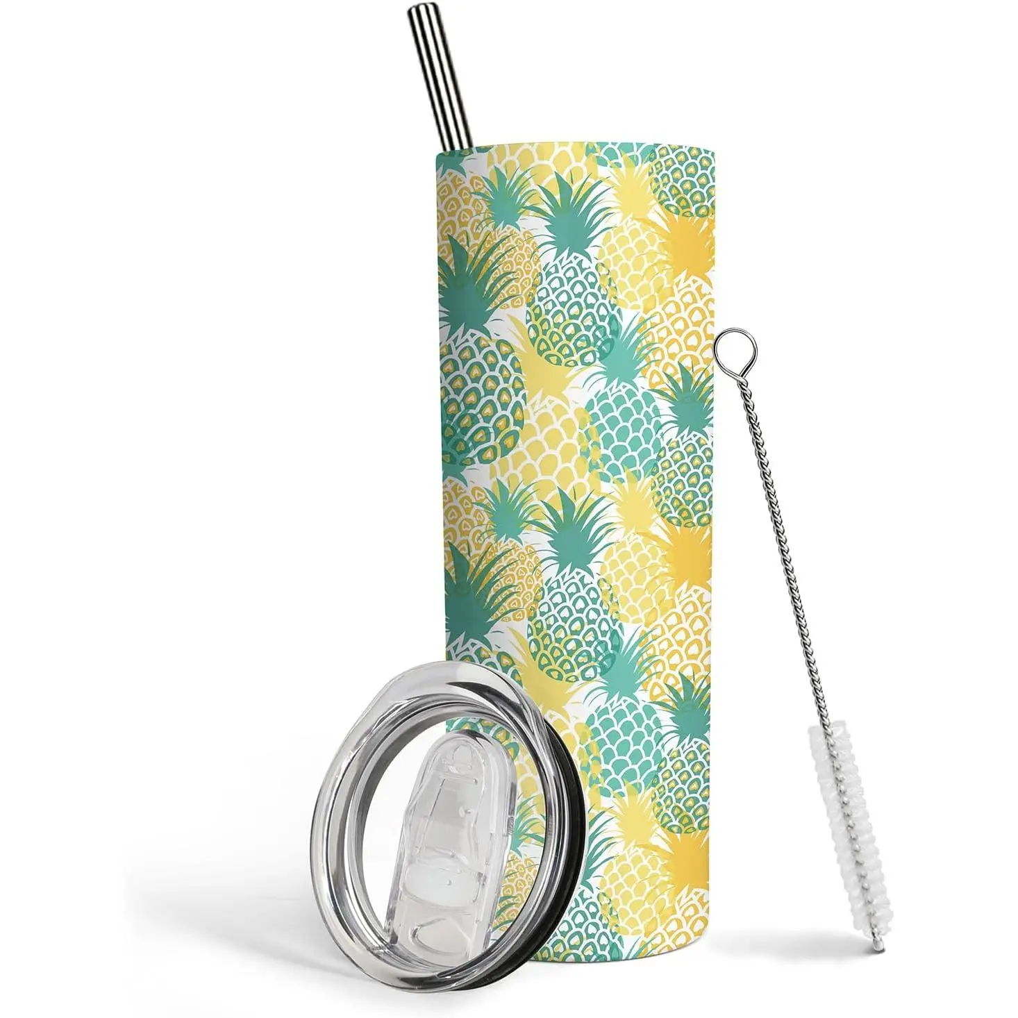 Women's 20oz Insulated Stainless Steel Pineapple Print Skinny Tumbler Set - Splashproof Vacuum Flask with Lid, Straw, Modern Kitchenware Drinkware for BBQ Experts, Office Workers, Sports Events, Hand Wash Only