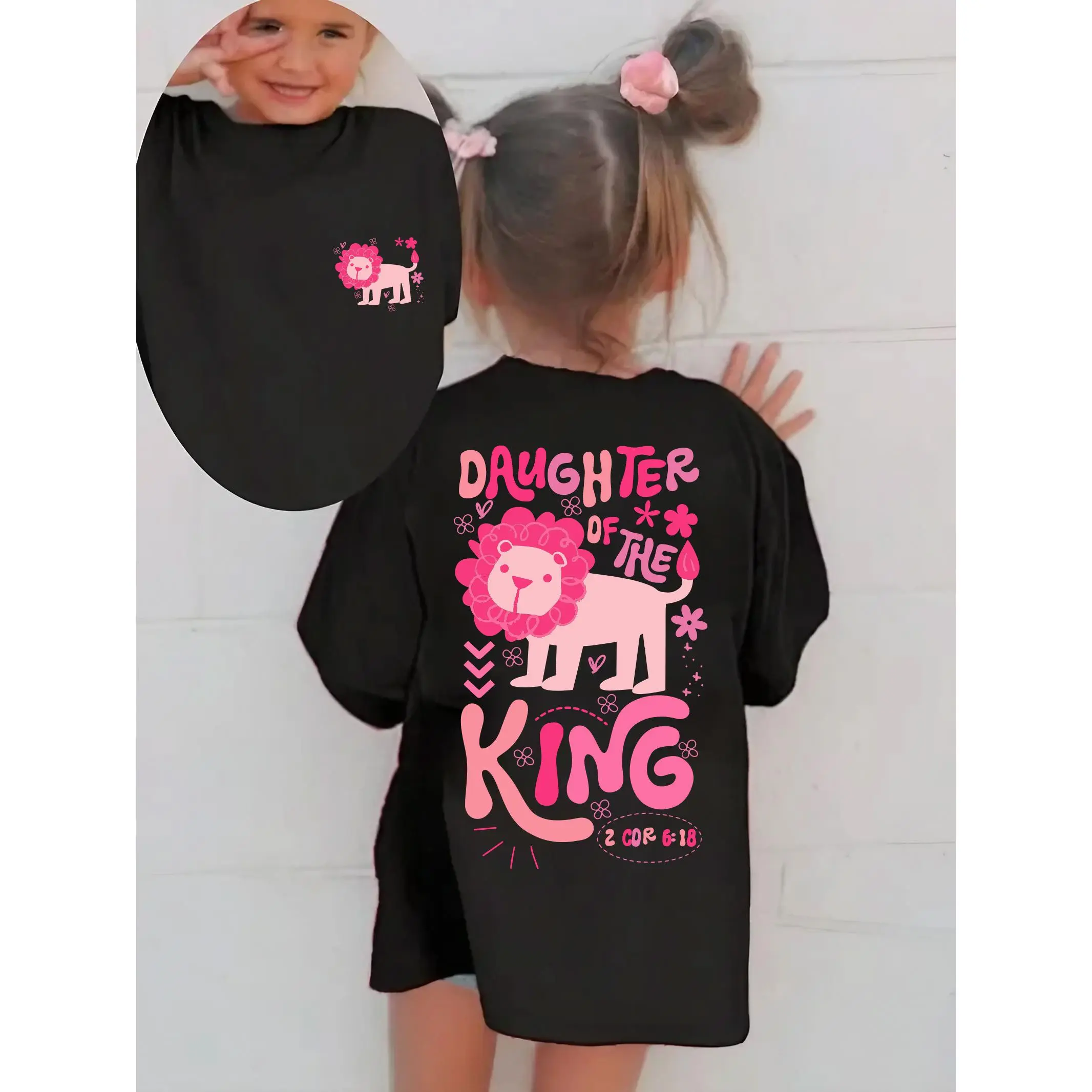 Girls' Graphic T-Shirt with 'Daughter of the King' Floral Print, Comfy Fitted Short Sleeve Round Neck for Daily Wear, Tshirt, 3 - 4 Years, 4-5Y, Cotton Material