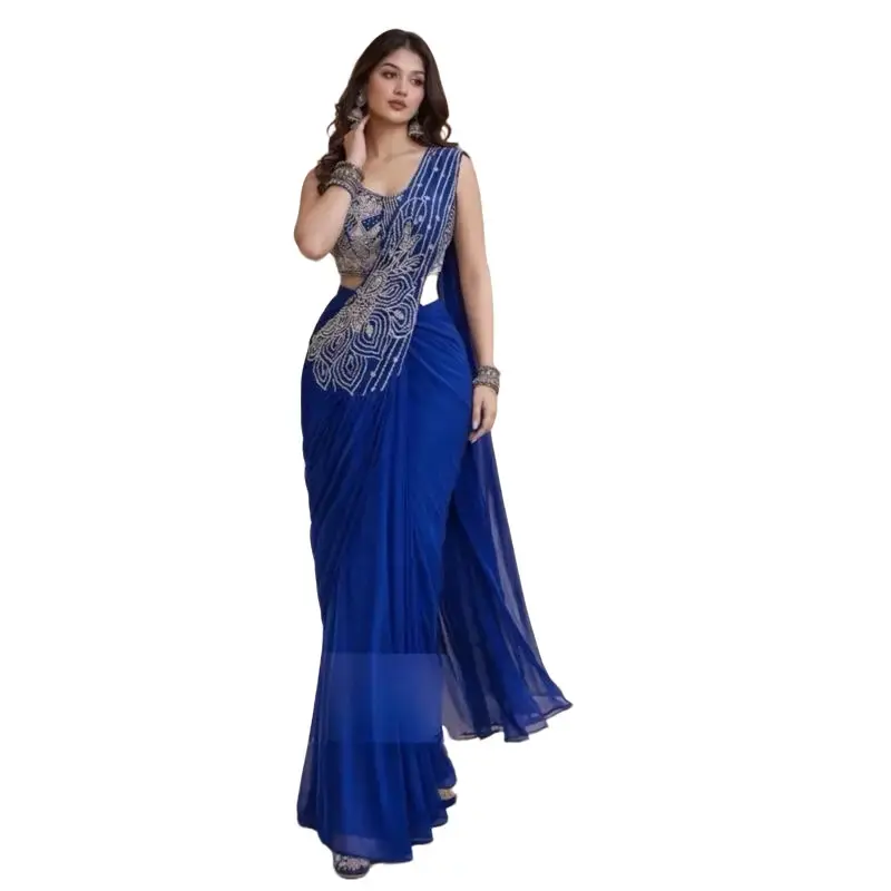 Women's Elegant Ready-to-Wear Sequin Embroidery Saree with Blouse, Party-Wear 1-Piece Womenswear Outfit