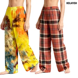 Holafish 2 Pack Womens Pajama Pants Unique Tie Dye Plaid Pattern Each Pair is One of a Kind Comfortable Lounge Sleep Bottoms Y2K Style Loungewear