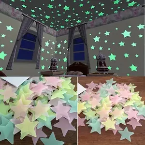100Pcs classic luminous glow in the dark dim star wall sticker, reused luminous fluorescent sticker, matte surface, self-adhesive plastic decoration, for fantasy-themed rooms, multi-sided installation
