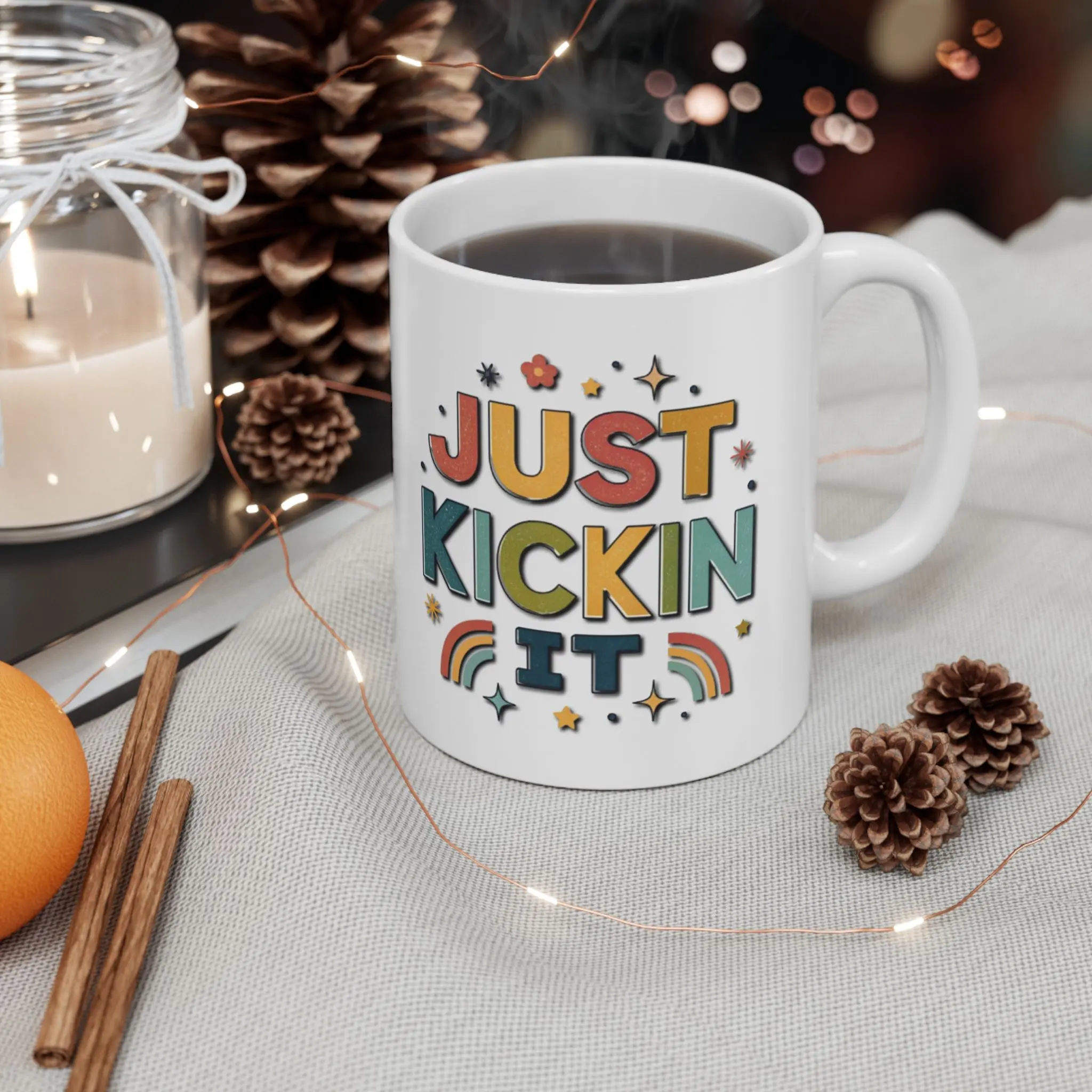 Ceramic Rainbow Mug with Retro Kids' "Just Kickin'" Phrase - 11oz Glossy Printed Coffee Mug, Washable Kitchenware Drinkware