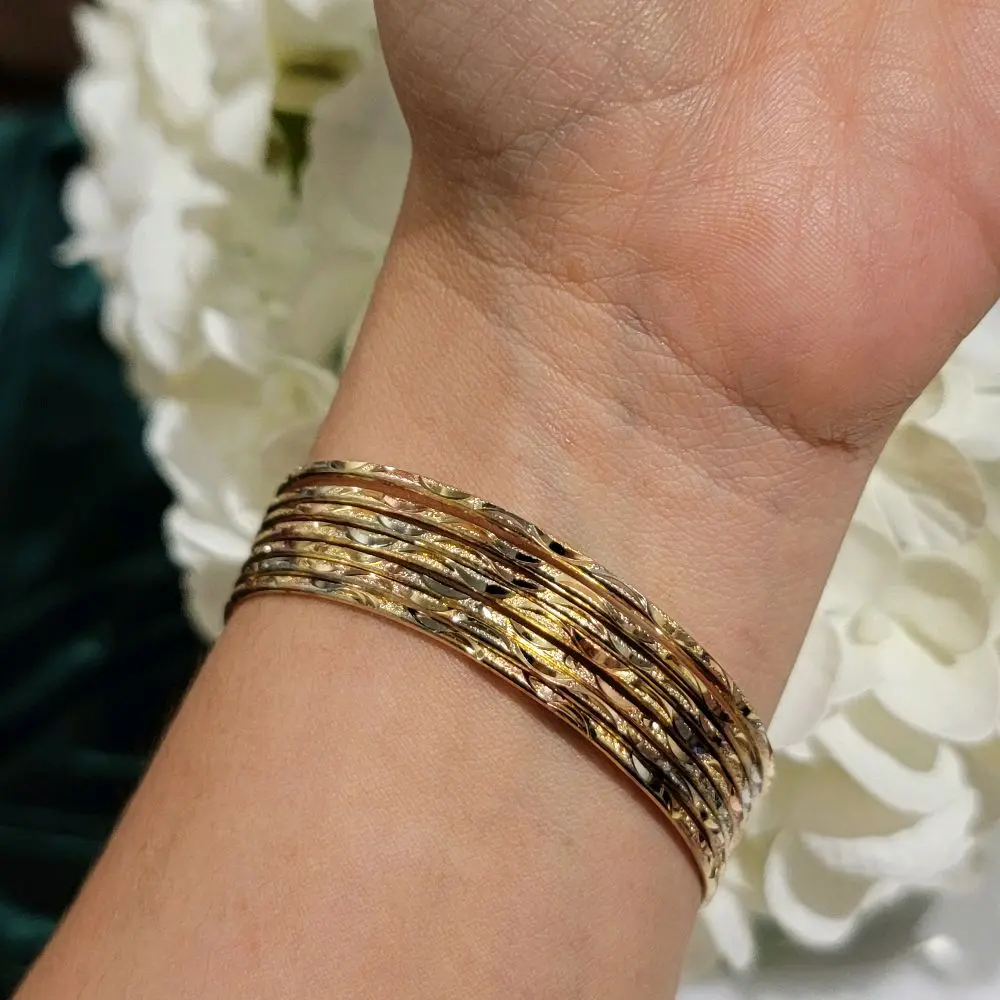 14k Tri Yellow Rose White Gold Plated Set 7 Bangels 7" Women Oro Laminado Blanco Amarillo Rosa Set 7 Brazaletas Pulsera Semanario