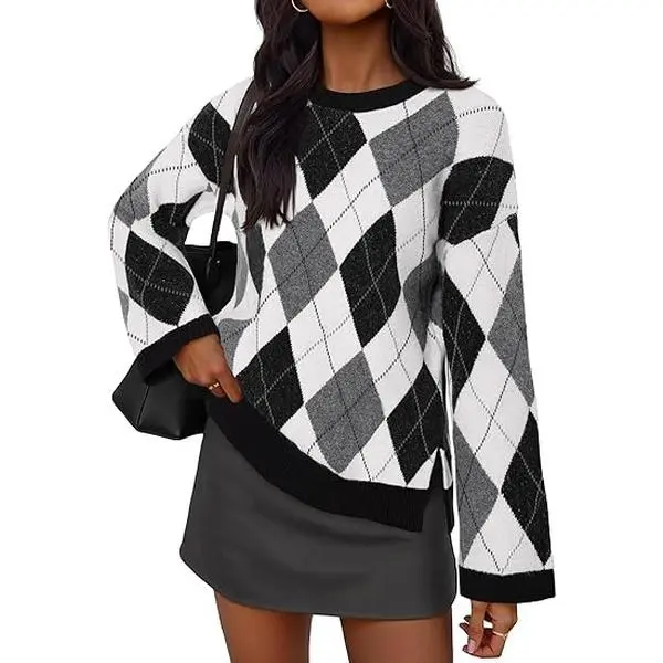 MEROKEETY Women's Long Sleeve Sweaters 2025 Fall Argyle Plaid Crewneck Loose Color Block Knit Pullover Tops