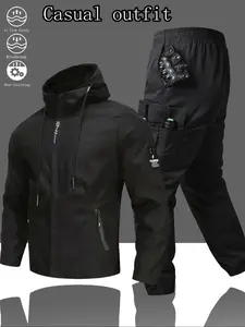 Men's Fashionable 2-Piece Set Jacket & Pants, Daily Wear Outerwear with Zipper Pockets, Casual Style for Men Outfit