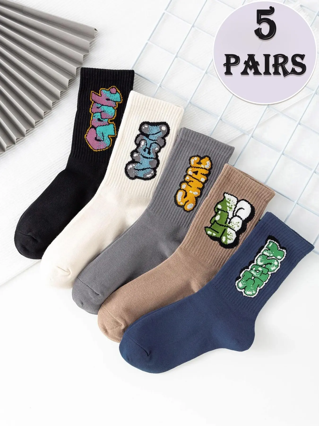 Men's Socks 5 Pairs All-Season Trendy Workout Socks Gym Sports Basketball Running Casual Daily Wear, Pop Art Print, Comfortable & Stylish