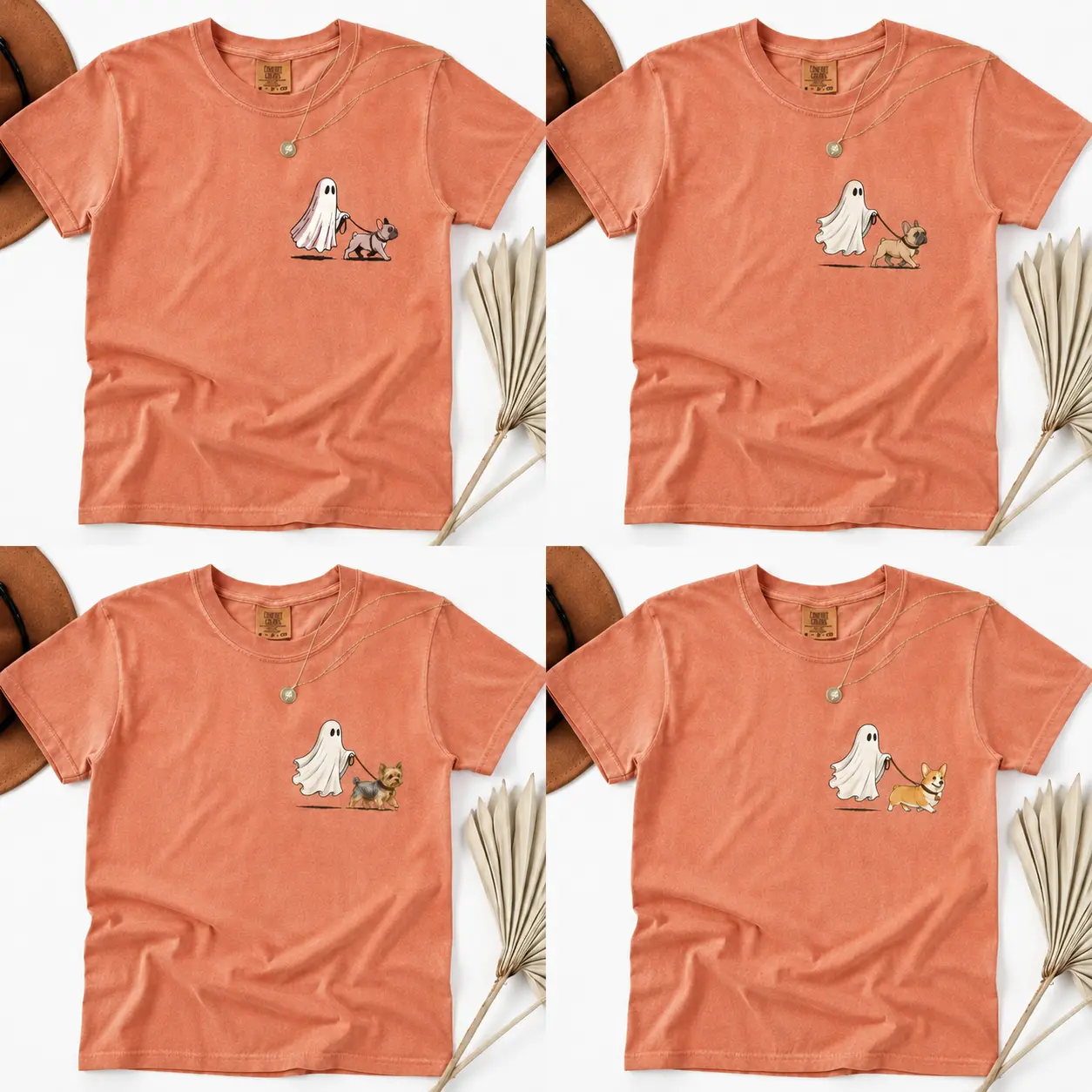 Comfort Colors Yam Halloween Dog 30 Breeds Tshirt, Cute Dogs Wearing Witch Hats And Carrying Jack O Lantern Pumpkin Buckets With Haunted House Moon Bats Bare Tree Graphic Art, Spooky Season Fall Party Tee, Halloween Gift For Dog Moms jul4 - TrendWear USA