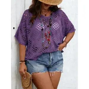 Women’s solid crochet hollow sweater, summer casual V-neck batwing-sleeve top, women’s knit sweater for everyday wear GARMENTARY