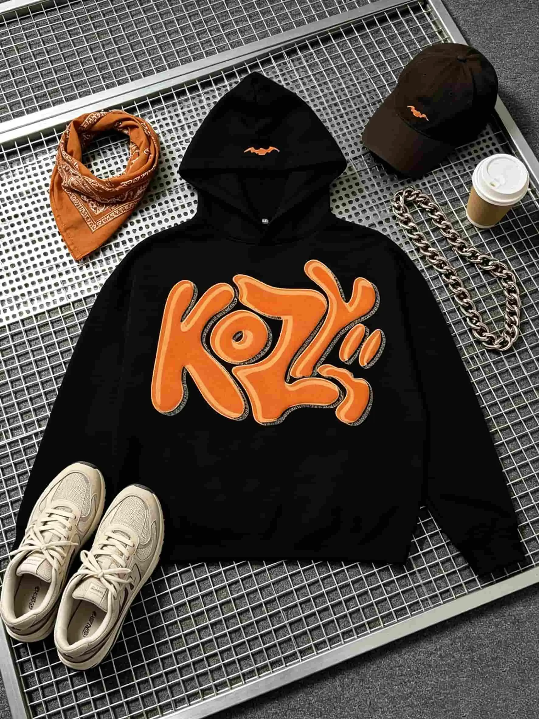 Menswear Bold KOZY Hoodie - Graffiti Bubble Letter Print Pullover, Loose Fit, Casual Streetwear, Street Punk Y2K Style, Ideal for Holiday & Everyday Outfits