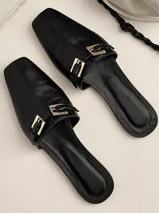 Women's Open-Toe Single Shoe, 2026 New Comfortable Flat Metal Buckle Square Toe Slip On Mules Sandals, Perfect for Travel, Vacation, Casual Fashion