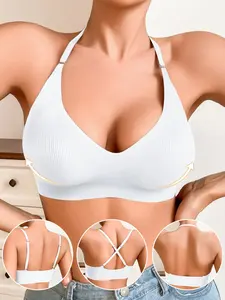 Women's Seamless Jelly Strip Soft Support Bra, No Underwire Push-Up Deep V Back, Detachable Straps, Casual Fashion Bra, Underwear
