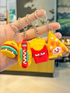 4pc Cute Kawaii Fast Food Keychain Set Cartoon Smiley Burger Hot Dog Fries Pizza Silicone Key Ring Aesthetic Backpack Bag Charm Gift for Women Girls Foodie Snack Lovers