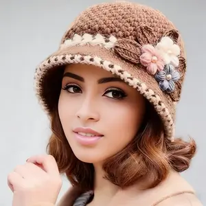 Vintage Floral Crochet Bucket Hat | Thick Coldproof Fisherman Cap for Women, Warm & Stylish Autumn & Winter Daily Wear