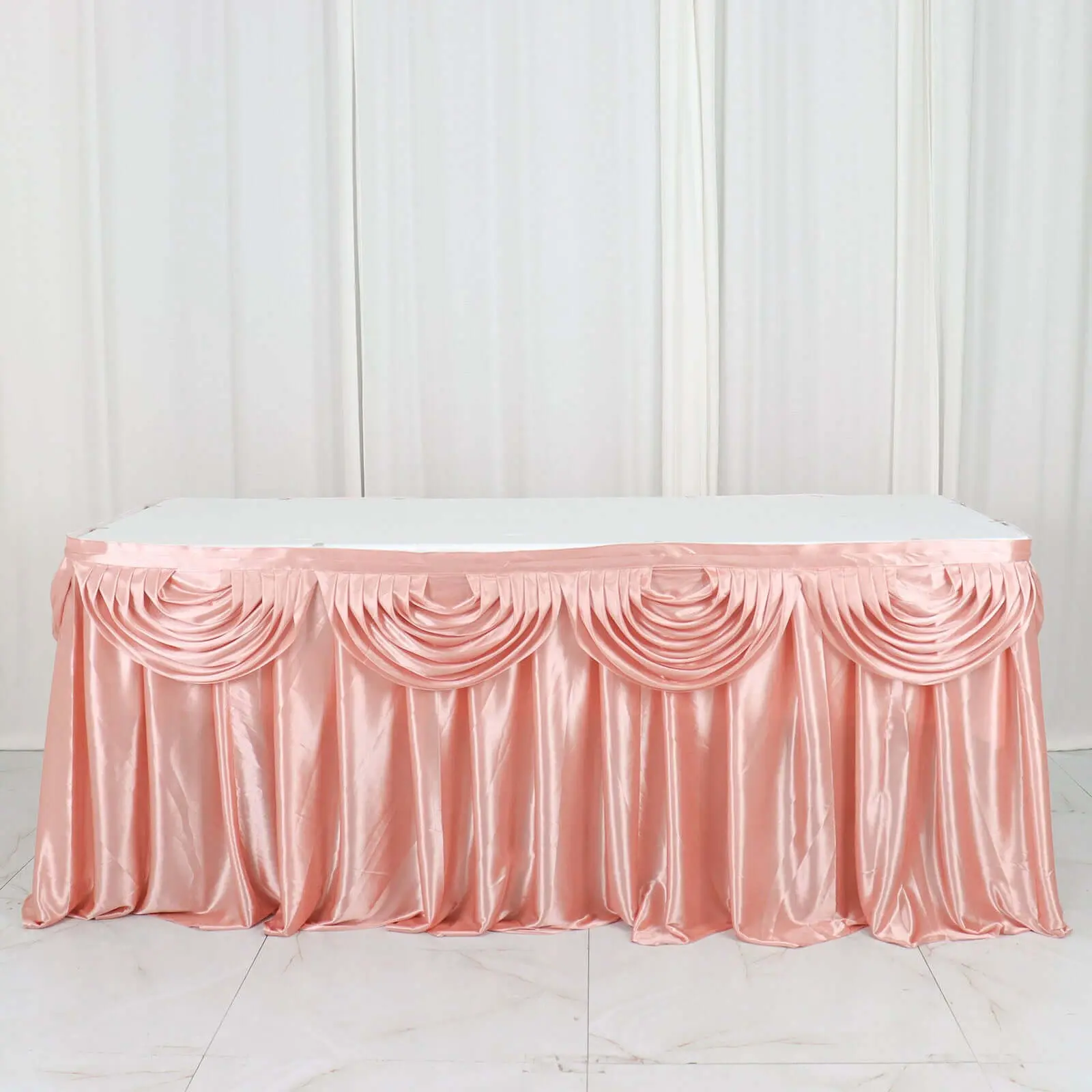 Dusty Rose Satin Outdoor Banquet Table Skirt - 14ft 3-Sided Pleated Clip-On Cover, Machine Washable, Glam, Round Table Compatible, Modern Elegant Decoration for Wedding, Jewellery Shows Display