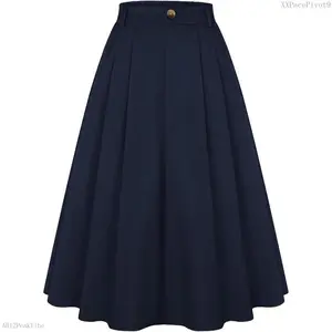 Women Vintage Pleated Skirt with Pockets A Line Midi High Elastic Waist Flared Skirt for Office DailyXXPacePivot9AB12PeakVibe