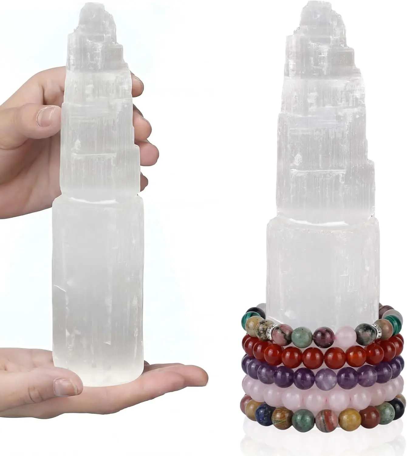 Large Selenite Tower 8'' Selenite Bracelet Holder Display Organizer Stand Healing Cleansing Recharging Home Decor