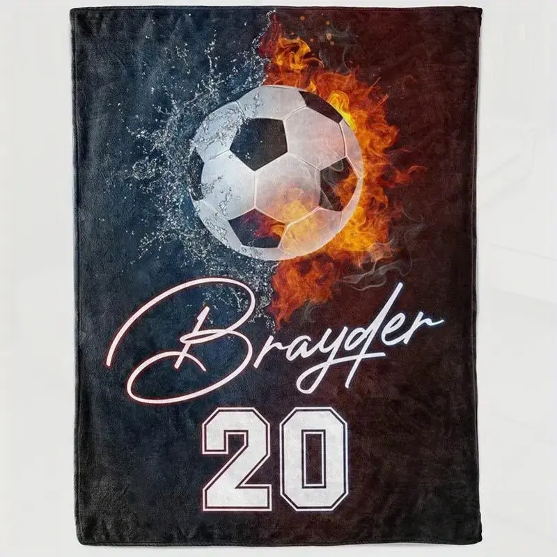 Modern Minimalist Personalized Soccer Lover Blanket 3D Ball Design Fire and Water Theme Custom Name and Number for Team Fans Players