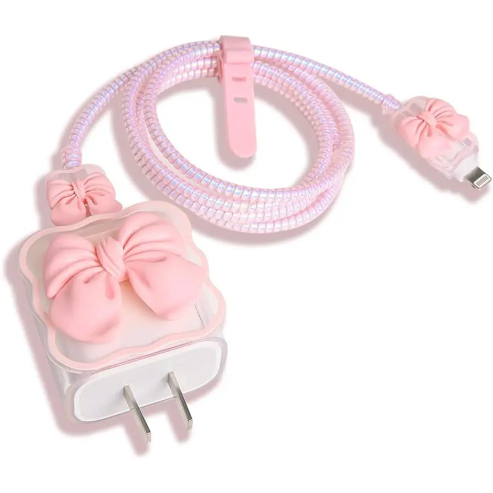 Compatible with  18W/20W USB-C Charger  Cute 3D Bow Tie Design Clear Soft Charger Protector Kawaii  Saver for  11 12 13 14 Pro Max Fast Power Adapter, Pink 2 (5in1)
